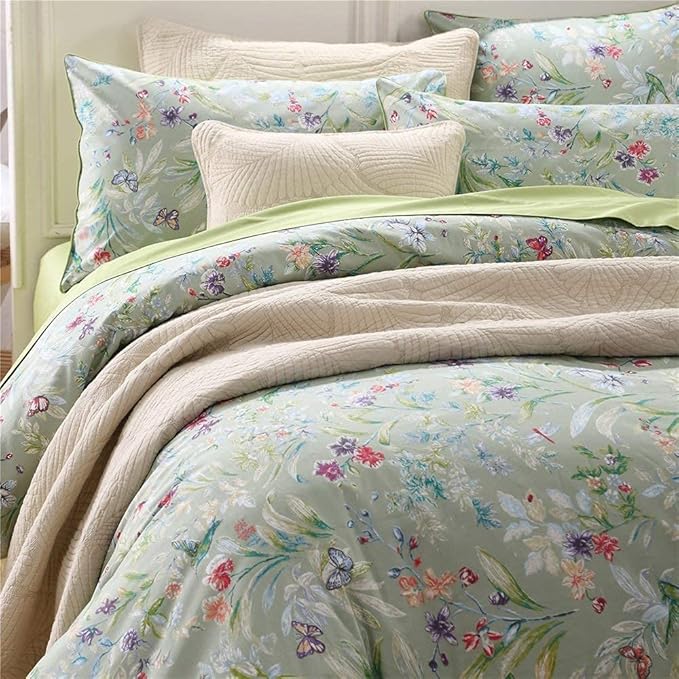 Brandream Duvet Cover Set Queen Size Wildflower Butterfly Bedding Super Soft 100% Egyptian Cotton 3 Pieces Modern Botanical Tree Branches Ornamental Drawing Green Blossom Garden 3Pcs Summer Bedding