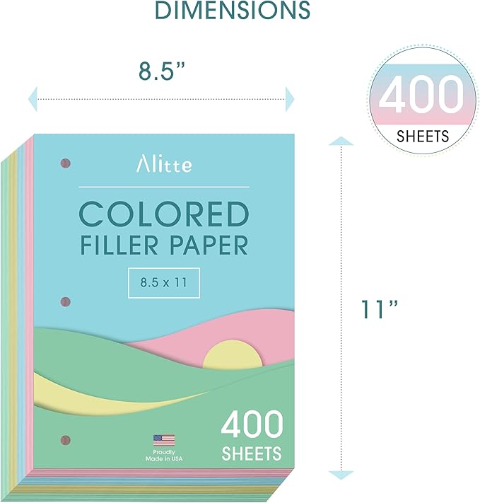Colored Loose Leaf Paper, Wide Ruled, 400 Sheets (100/Pack) Filler Paper for Writing Notes - School, College, Office - 3 Hole-Punch Lined Sheets for Ring Binders, Pocket Folders - 8 x 10.5