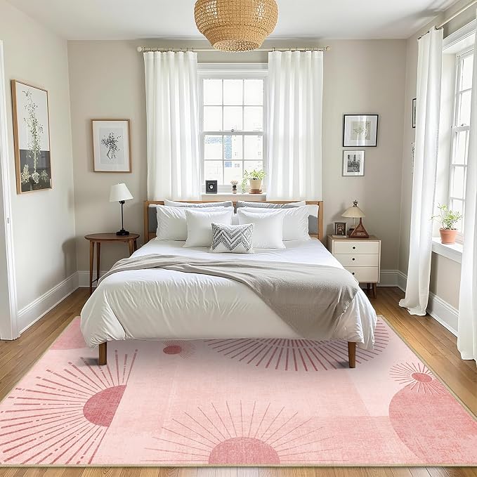 Large Area Rug 5x7 Sun Rug Living Room Mid Century Modern Rugs Machine Washable Boho Geometric Rug Non Slip Printed Low Pile Indoor Floor Carpet for Dining Room Bedroom Office,Pink