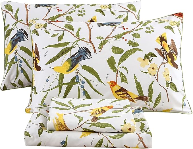 RYNGHIPY Farmhouse Flowers Print Bed Sheet Collection Set Botanical Floral Sheets with Pillowcases (White Green,King Size)