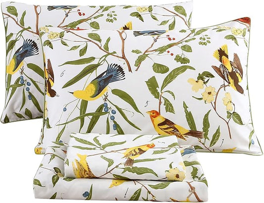 RYNGHIPY Farmhouse Flowers Print Bed Sheet Collection Set Botanical Floral Sheets with Pillowcases (White Green,Full Size)