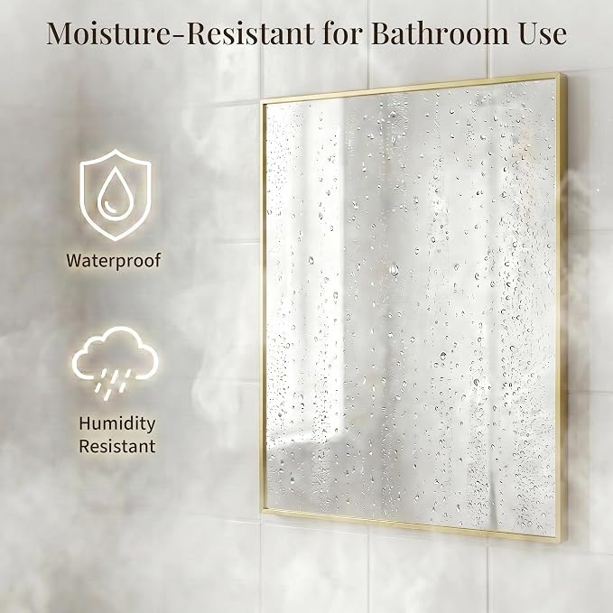24"x36" Gold Bathroom Mirror for Wall, Shatterproof Tempered Glass, Champagne Gold Tone Rectangle Narrow Frame, H/V Wall-Mounted, Ultra-Flush