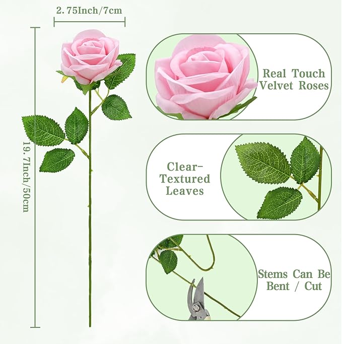 Waipfaru 100 Pcs Pink Roses, Fake Roses Artificial Velet Flowers for Valentines Mothers Day Wedding Centerpieces Decor (Pink)