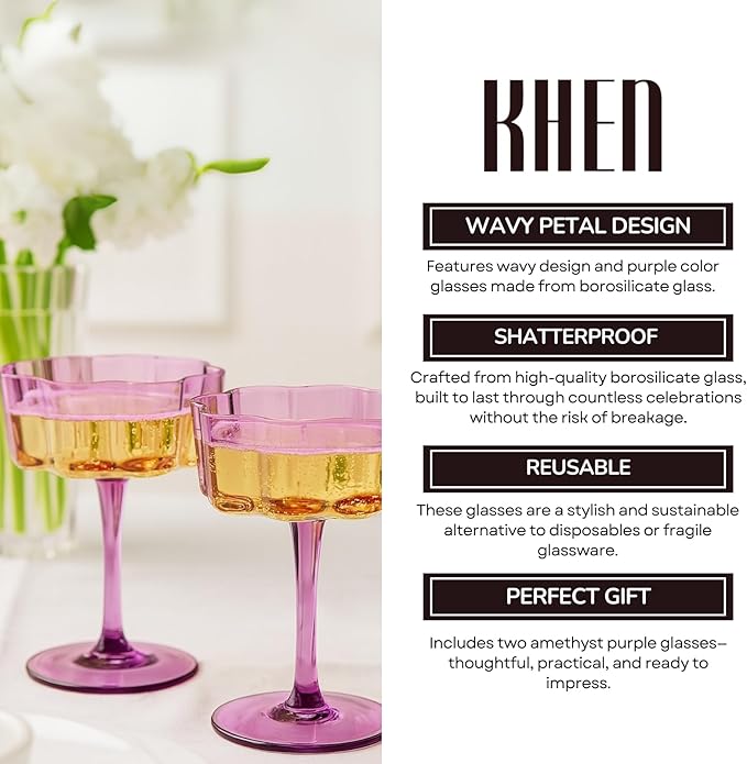 Khen Flower Vintage Wavy Glass Coupes Martini, Champagne & Cocktail Coupes - Set of 2-7oz Colorful Cocktail Glasses & Champagne, Prosecco, Mimosa Glassware Copyright Design - Amethyst Purple