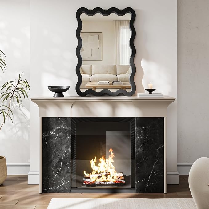 24"x36" Matte Black Wavy Wall Mirror for Bathroom Vanity, Large Solid Wood Asymmetrical Mirror, Irregular Squiggle Mirror for Bedroom, Modern Funky Aesthetic Decor