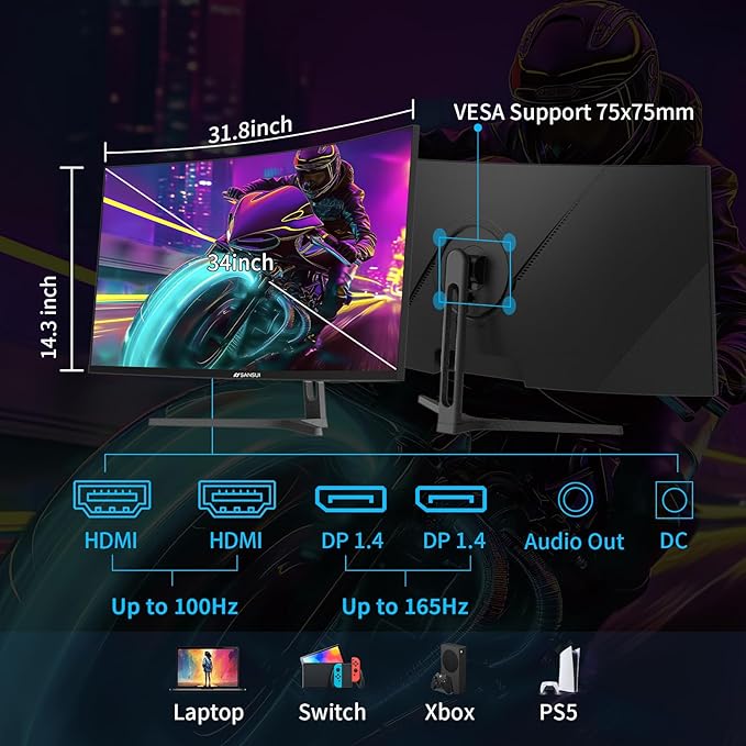 SANSUI 34-Inch Curved Gaming Monitor UWQHD 3440 x 1440 Up to 165Hz Curved 1500R - PIP/PBP, 1ms(MPRT), HDR, 300nits, sRGB 125%, DCI-P3 95%,FreeSync,HDMIx2,DP1.4 x2 (Cable Included)