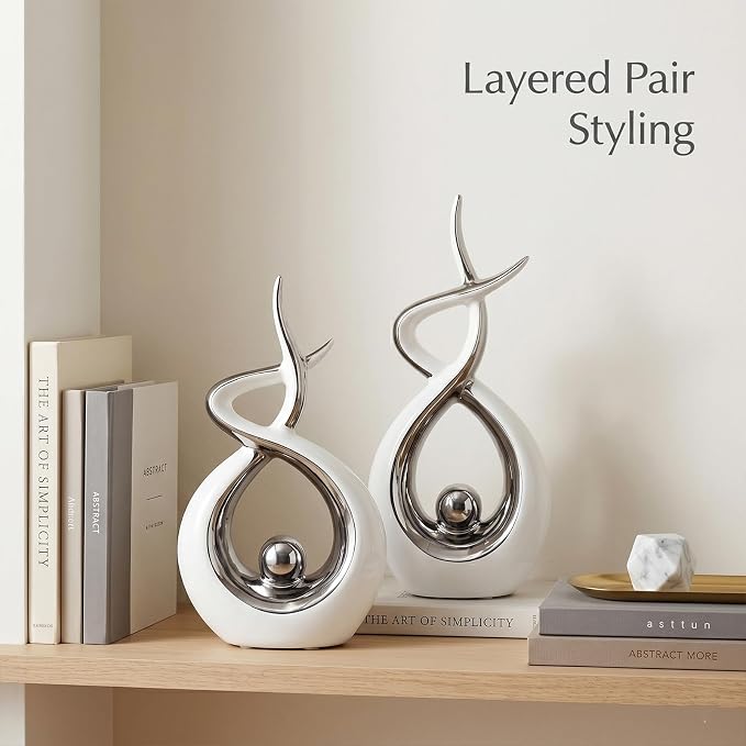 LCCCK White and Silver Abstract Table Decor, Abstract Sculptures Home Decor, Ceramic Sculpture Set of 2 with Electroplated Finish, Modern Tabletop Statues for Dining Table or Shelf