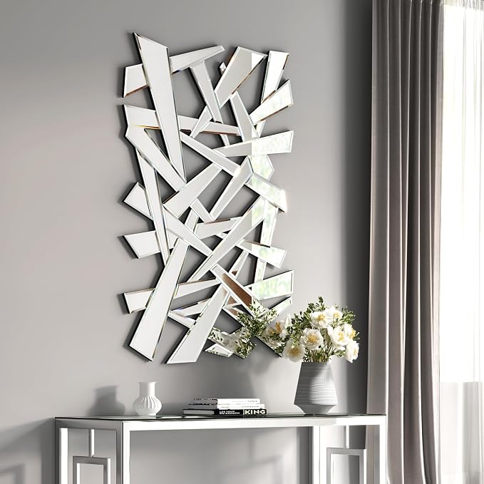 KOHROS Abstract Irregular Frameless Wall Mirror, Asymmetrical Beveled Decor Wall Mount Art Mirror, Horizontal Vertical Hanging for Living Room Fireplace Entryway Decor(48" L x 32" W)