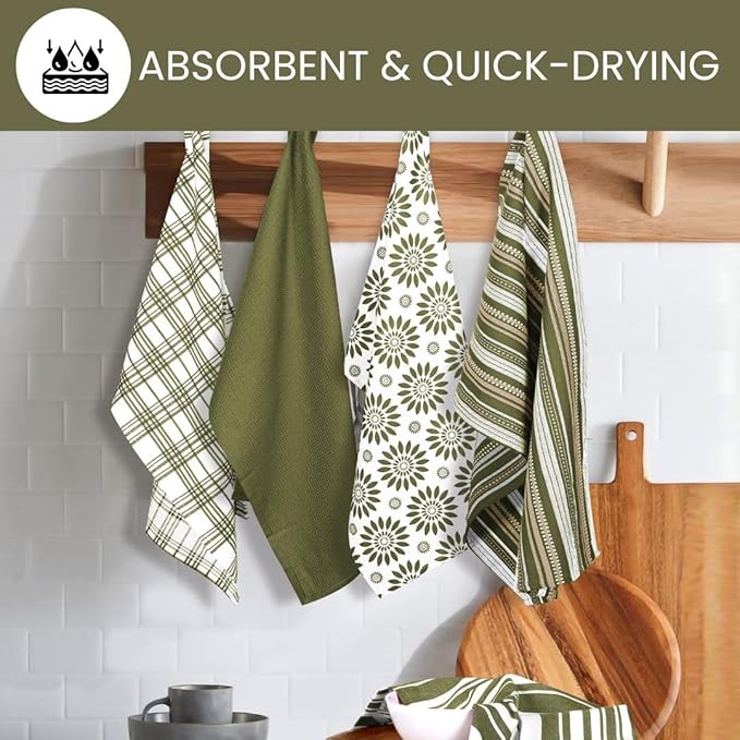 Assorted Kitchen Towels Large 16x26 inches 100% Cotton Set of 5 - Soft Absorbent Washable Tea Towel for Kitchen - Dish Cloths with Hanging Loop - Quick Drying Dish Towels Green