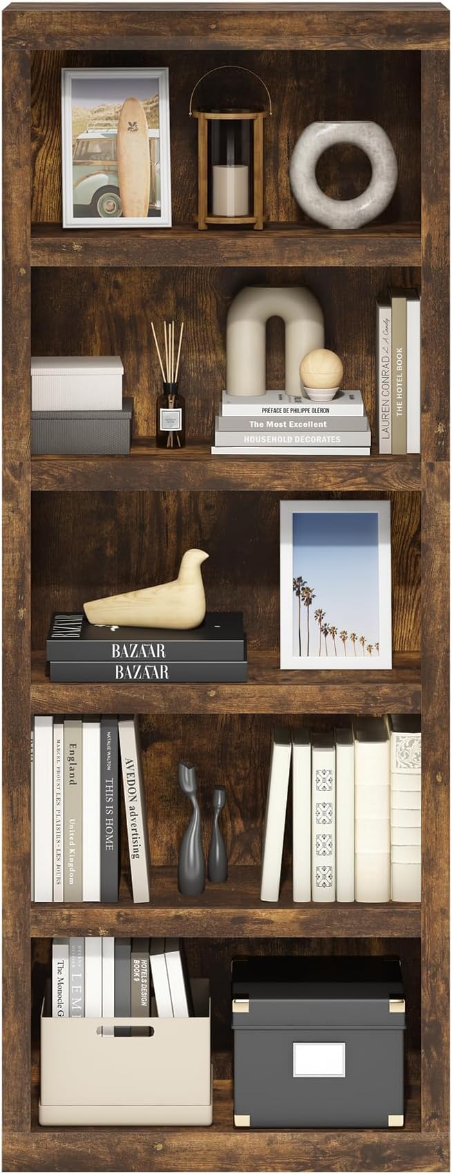 Furinno Rail Book Shelf, 5-Tier Bookshelf, Bookcase with Open Shelf, 10.1 x 24.6 x 63.5, for Living Room, Bedroom, Home Office, Amber Pine