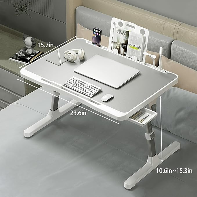 SIDIANBAN Laptop Desk for Bed, Adjustable Bed Table with USB Charge Port, Foldable Laptop Table with Storage Drawer, Portable Laptop Bed Desk Tray for Eating Working Writing Reading (Black)