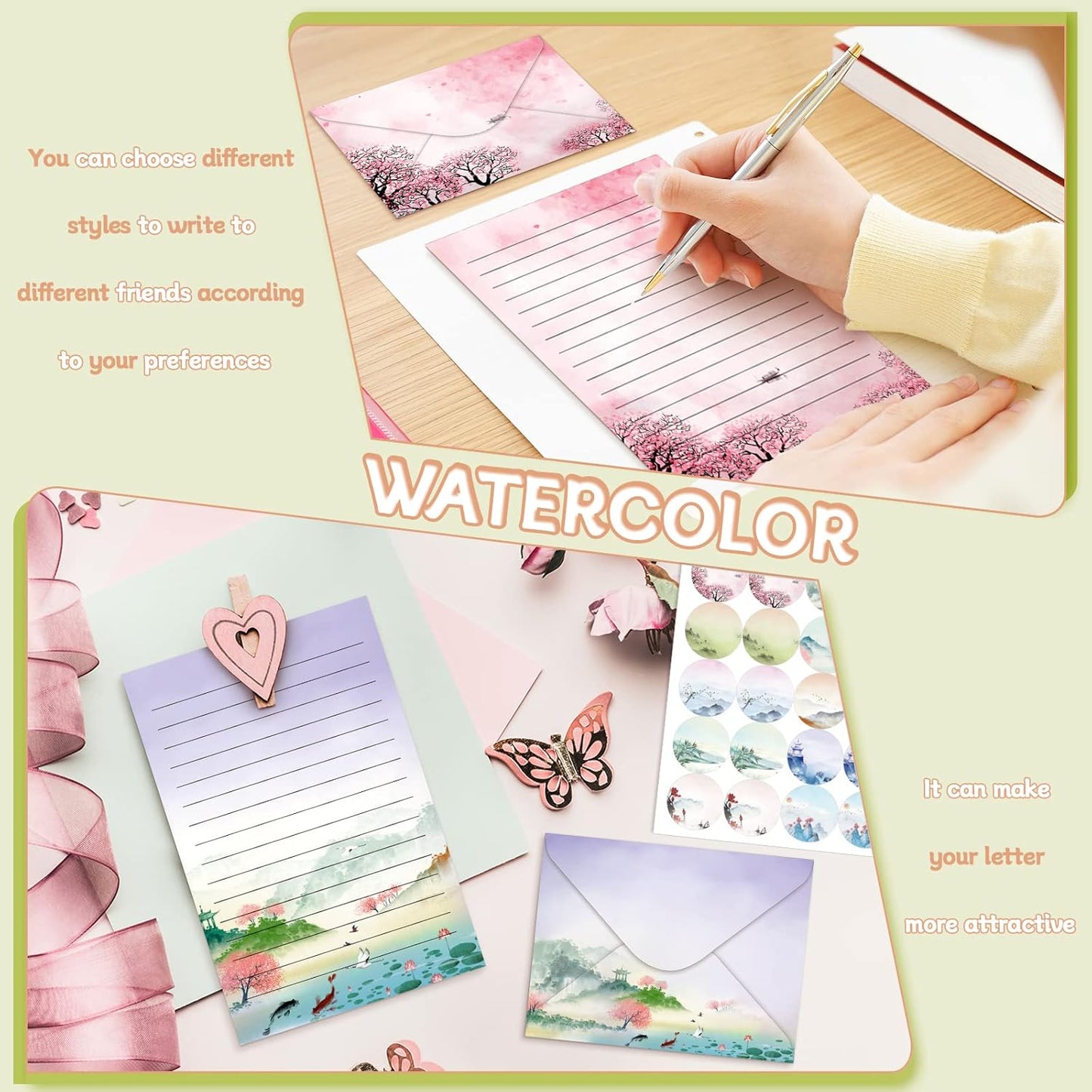 TaoBary Stationery Paper Set - 160 Pcs with 50 Double-Sided Sheets & Envelopes | 10 Unique Designs, 5.5 x 8.25 Inch