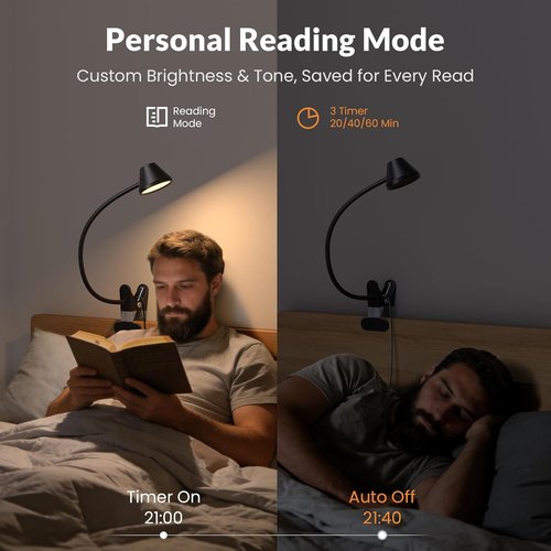 LEPOWER Clip-On Light - 7W Eye-Care Reading Light with Stepless Dimming & Auto Timer | Black, 5 Colors Available