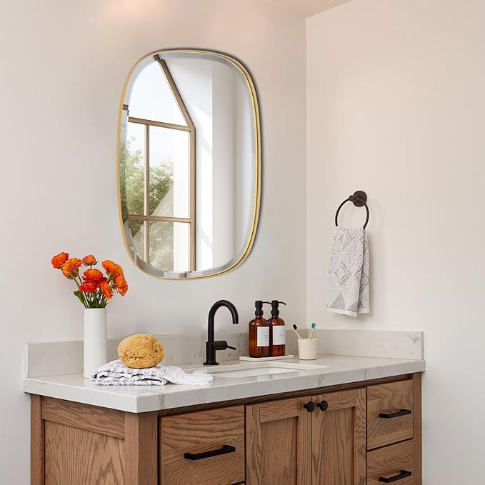 POZINO Brushed Gold Mirror, 20"x30" Brass Beveled Mirrors for Bathroom, Rounded Rectangle Mirror, Modern Vanity Wall Mirrors in Premium Stainless Steel Frame Hangs Horizontal Or Vertical