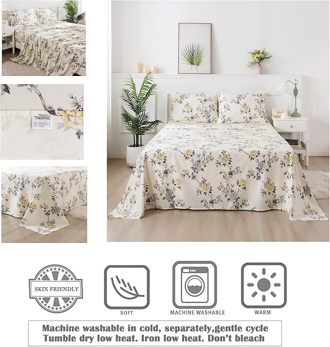FADFAY Floral Sheets Set Full Vintage Rose Floral Bedding Shabby Grey and Yellow Peony Sheets Farmhouse Bedding 800 Thread Count 100% Egyptian Cotton Soft Deep Pocket Fitted Sheet 4Pcs, Full Size