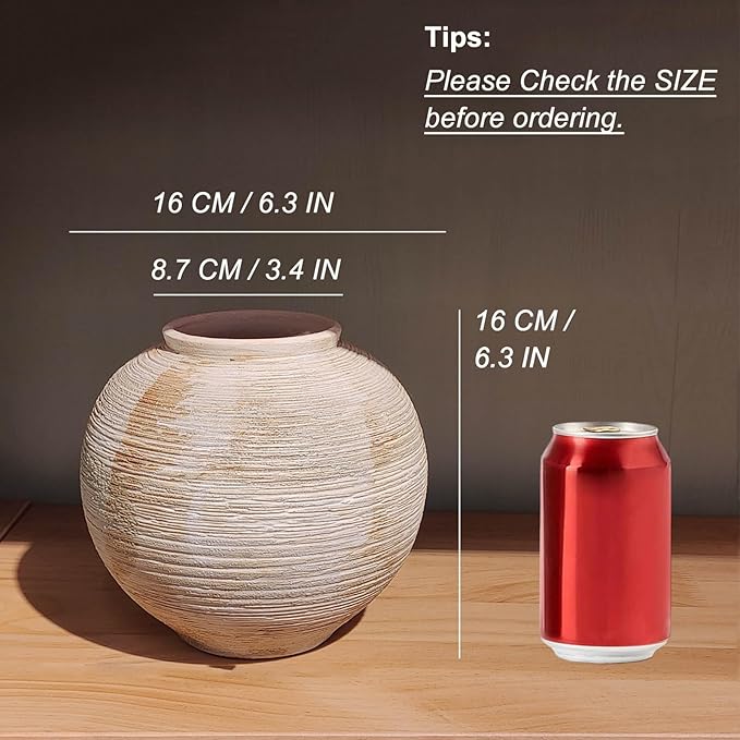 Rustic Ribbed Vase Home Decor - 6.3 in Ceramic Vintage Farmhouse Vases for Decor, Decorative Terracotta Round Bowl vase for Living Room, Table, Shelf, Kichen Decor