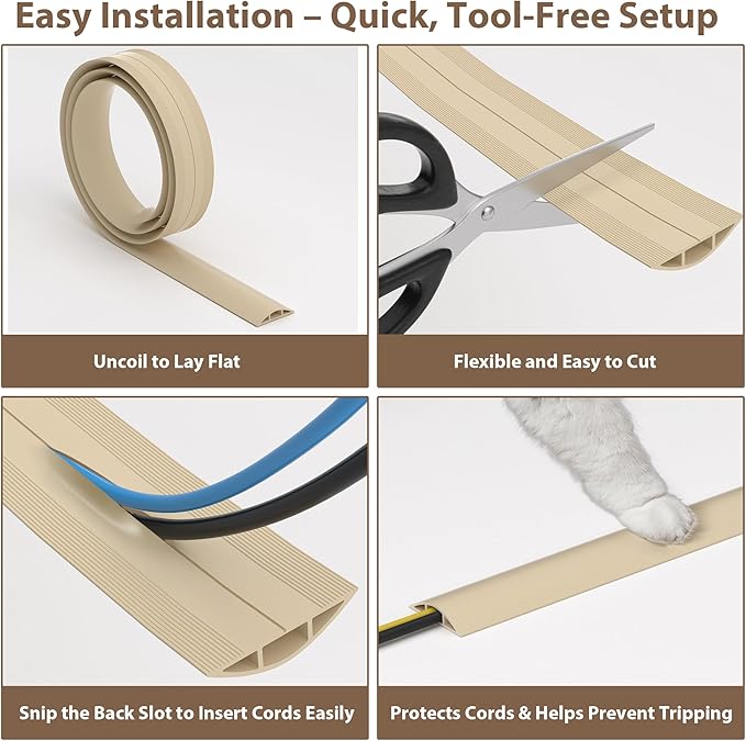 ZhiYo 6ft Cord Hider Floor, Soft PVC Cord Covers for Wires on Floor, Wire Cover to Hide Extension Cords, Cable Cover Protect Cords & Prevent Trips, Cable Cavity: W0.6in x H0.32in, Ivory