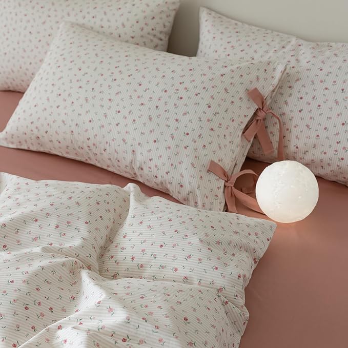 Floral Print Bedding Duvet Cover Twin XL Pink Flower Duvet Cover Cotton Floral Botanical Comforter Cover Girls Cottagecore Bedding Set Vintage Country Comforter Cover with 2 Bowknot Pillowcases