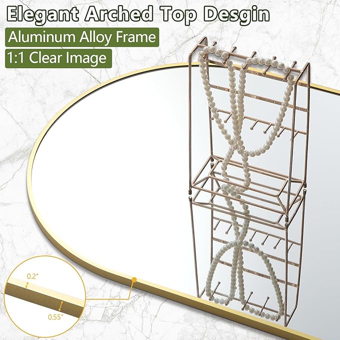 Dewfig Arched Full Length Mirror, 86"x46" Large Floor Mirror with Stand, Oversized Full Body Mirrors for Standing/Leaning/Hanging, Wall Mounted Mirrors for Bedroom, Living Room,Dressing Room, Gold