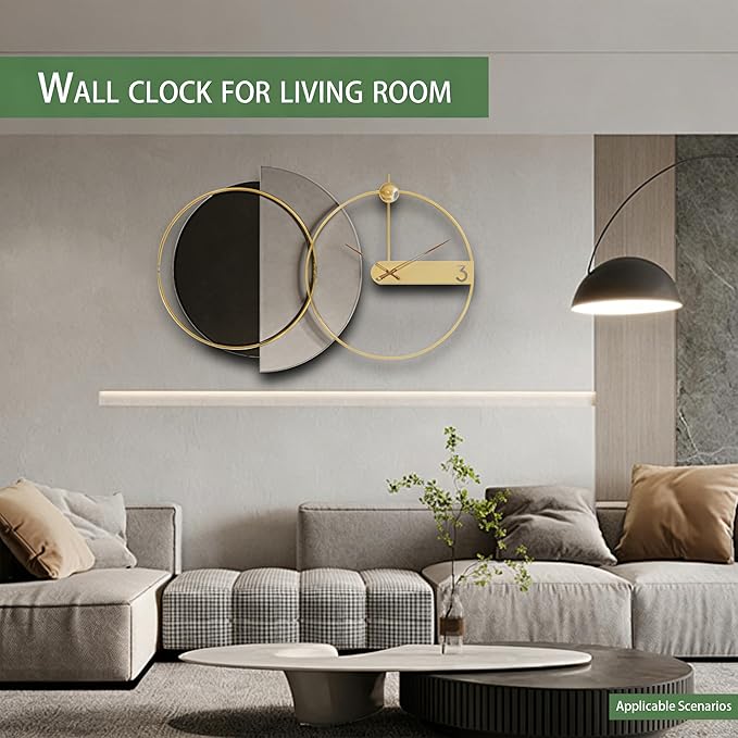 Mid Century Modern Wall Clock 3D Luxury Large Geometric Silent Non Ticking for Living Room, 43X27.5" Giant Ring Abstract Art Clock for Wall, Big Unique Metal Fancy Clock Wall Decor for Bedroom Kitchen