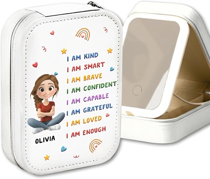 Wrappiness Girls & Women Lovely Makeup Box With LED Mirror - Personalized Jewelry Box Organizer Portable Ideal for Travel, Gift for Daughters Sisters Friends (Kind Smart Loved, Teen Girls)