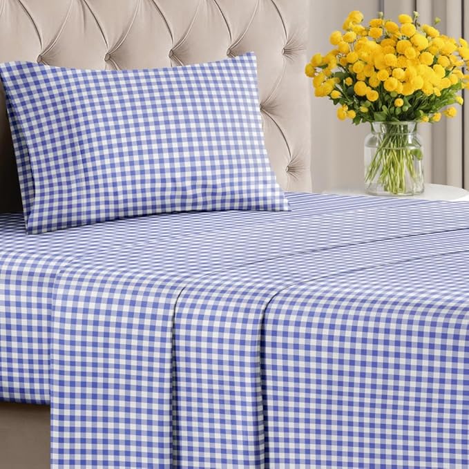 Blue Gingham Sheets - 1 Flat & 1 Fitted Sheet & 1 Pillowcase w/ Deep Pockets - Grid, Plaid, Checkered Pattern Bed Set - Comfy, Wrinkle & Fade Resistant - Ultra-Soft, Breathable & Cooling - Twin Size