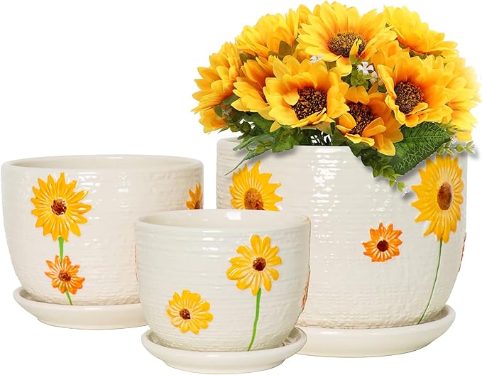 Ton Sin Ceramic Plant Pots for Indoor Houseplants, Cute Decorative Flower Planters with Drainage Holes & Matching Saucers, Hand-Painted Yellow Sunflower Design, 6.7/5.5/4.3 Inch Sizes