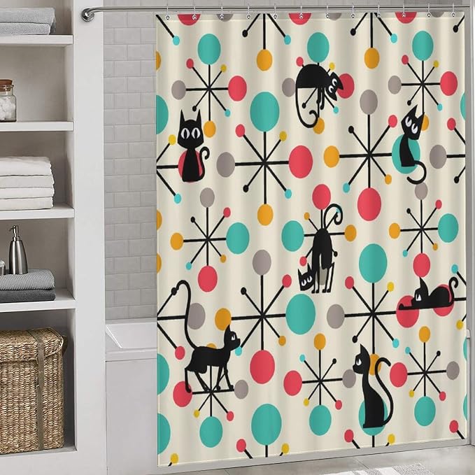 Mid Century Modern Cat Shower Curtain,Abstract Atomic Starburst Geometric Diamond Pattern Shower Curtains Set for Bathroom Fabric Decorative Bath Curtain Washable Curtain Hooks, 72x72 inch