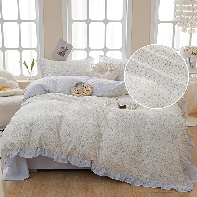 LifeTB Twin XL Comforter Set Blue Floral Bedding Comforter Fluffy Soft Microfiber Cottagecore Bedding Set Floral Ruffle Comforter with 2 Pillowcases Cute Flower Botanical Comforter Set for Teen Girls
