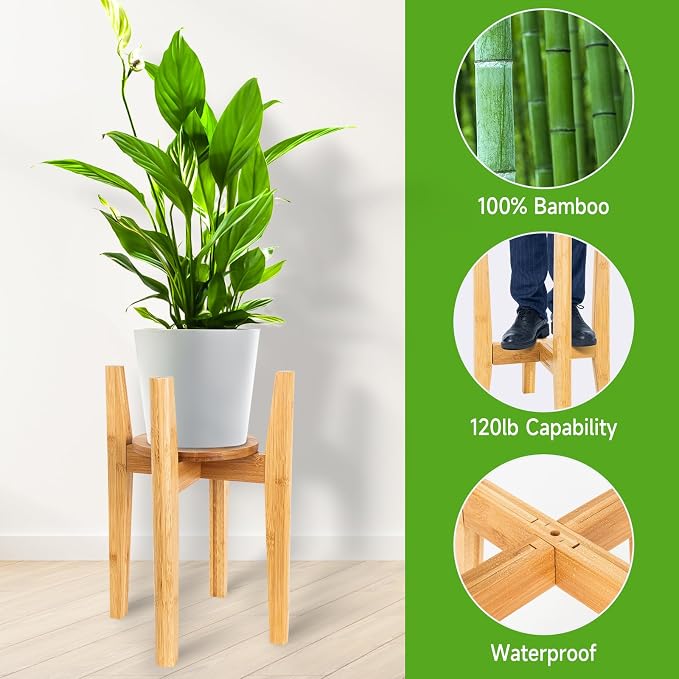 2 Packs Adjustable Plant Stand with Tray,Indoor Wood Plant Stand Fit 8'' to 12'' Planter,Mid Century Modern Flower Pot Holder Rack(Plant and Pot Not Included) Natural