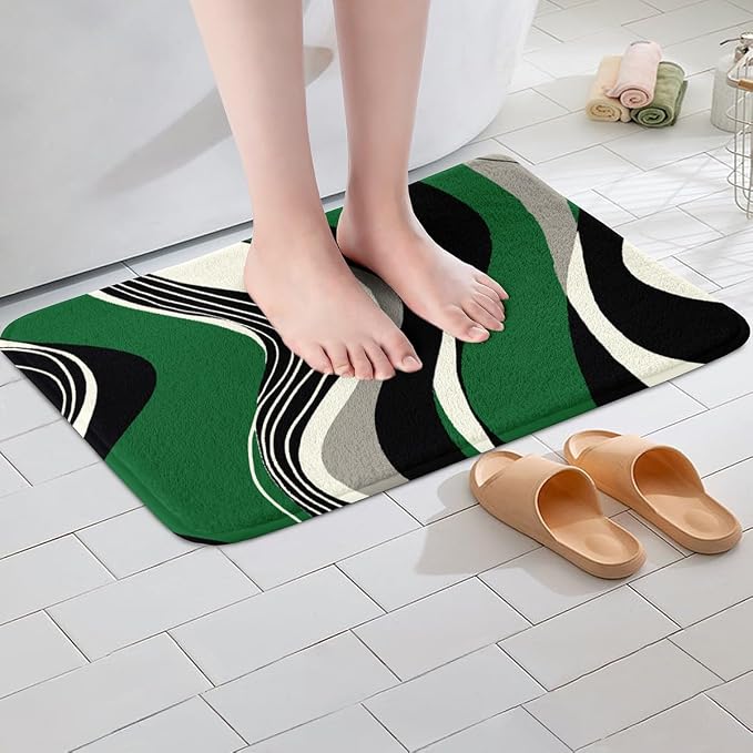 Feelyou Green and Gray Black White Bath Rugs Modern Abstract Geometric Bathroom Rugs Kids Boys Girls Teens Stripe Line Pattern Decor Bath Mats for Bathroom 20"x32" Bathroom Accessories