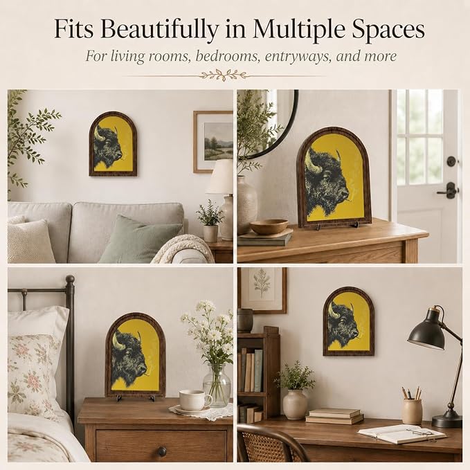 Rustic Home Wooden Frame Decor, Retro Whimsical Smoking Bison Framed Decor, Arched Wooden Frame with Stand, Vintage Buffalo Art Print, Funny Tabletop & Wall Accent for Living Room, Bedroom