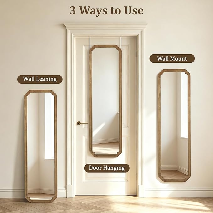 WallBeyond 48" x 14" Full Length Door Mirror with Rustic Rounded Corner Wood Frame, Over the Door Hanging Mirror for Bedroom, Closet, Dressing Area and Entryway, Natural