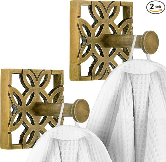 Autumn Alley Two Brass Hooks, Bathroom Towel Hook, Robe Hook Wall Mounted - Decorative Wall Hooks for Towel, Robe, Cast Coat and Door Hook for Bathroom Modern Unique Style, 2 Pack