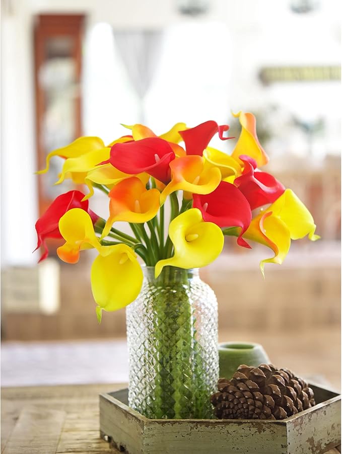 FiveSeasonStuff Real Touch Calla Lily Artificial Flowers Wedding Bridal Bouquet | Floral Arrangements | 15 Calla Lilies (Sunset Orange)