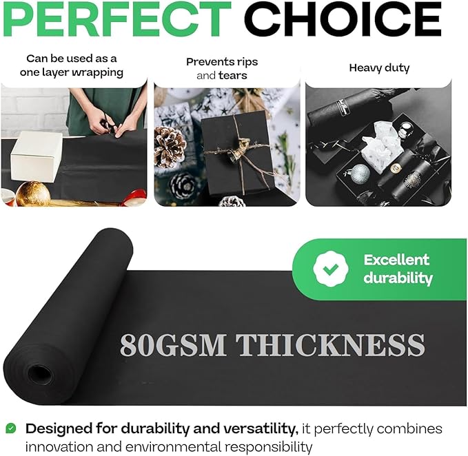 24”x 1200”Black Kraft Wrapping Paper Roll for Bulletin Board Poster Gift Wrapping, Craft Construction Paper for Easel Drawing Painting Art Supplies Packing Table Covering Bouquet Flower Christmas