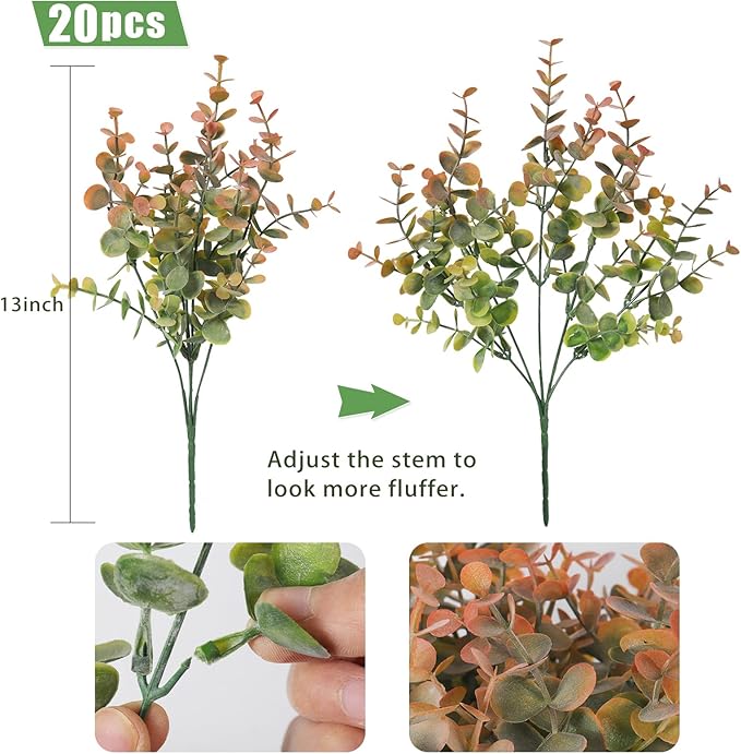 RECUTMS 20 Bundles Artificial Plants Outdoor Faux Plant Eucalyptus Stems Artificial Bushes Boxwood Bushes for Farmhouse Bathroom Office Vase Centerpiece Indoor Outdoor Decor(Dusty Orange)
