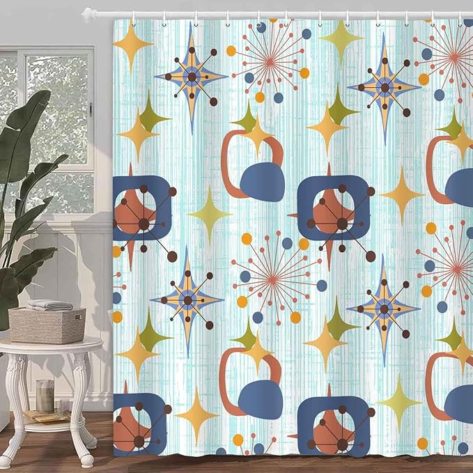 Mid Century Shower Curtain, 72x72inch, Modern Abstract Retro Blue Striped Geometric Shower Curtain Sets 1950s Boho Bathroom Shower Curtain with 12 Hooks