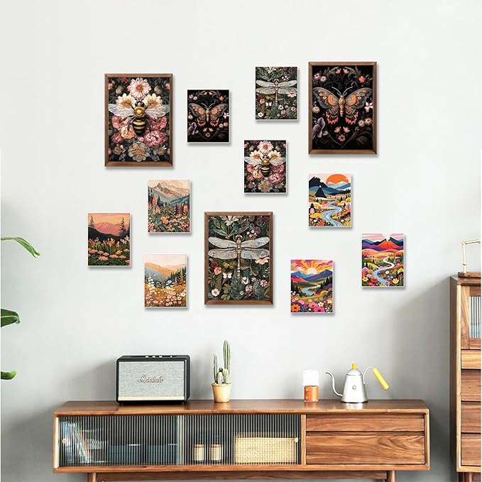 Retro Insect Bee Butterfly Dragonfly Wall Art Set Of 3 12x16In Wood Framed, with 9 Bonus Posters 8"x10", Nature plant Canvas Decoration Paintings Artwork for Office Bedroom Living Room Home Decor