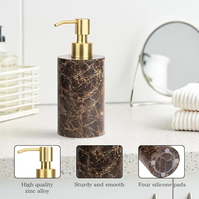 Natural Marble Soap Dispenser for Bathroom and Kitchen Countertop - 5.41 Ounces Hand Lotion and Liquid Stone Shampoo Laundry Bottle with Pump (1, Dark Brown, Cylindrical Bottle)