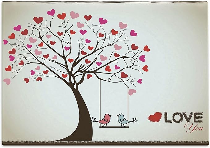 Ambesonne Love Cutting Board, Heart Leaves on Tree with Birds in Love on a Swing Cartoon for Valentines Day, Decorative Tempered Glass Cutting and Serving Board, Large Size, Brown Red Pink