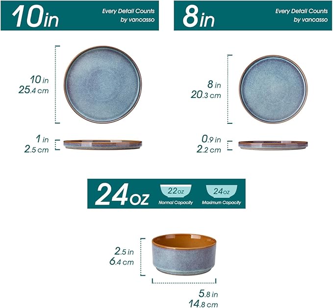 vancasso ONION Ceramic Plates and Bowls Sets, 18 Pieces Blue Dinnerware Sets for Kitchen, Reactive Glaze Dishes Set for 6, Dishwasher and Microwave Safe