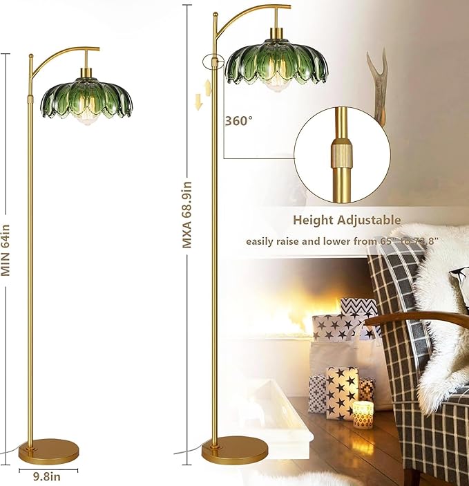 Glass Floor Lamp for Living Room,Bedroom,Mid Century Modern Standing Lamp with Remote,Dimmable Gold Tall Lamp Green Vintage Retro Arc Flower Floor Light Boho Bohemian