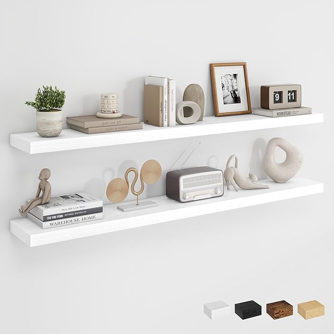 Dreamland 48Inch Floating Shelves for Wall, Rustic Wooden White Floating Shelves for Living Room, Kitchen, Farmhouse, Deep Wall Mounted Book Shelf, Wood Storage Display Shelf for Home Decor, Set of 2