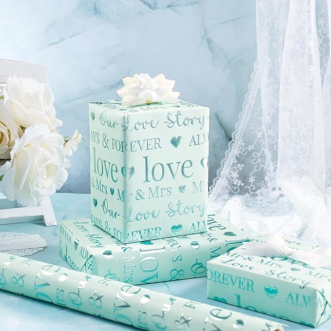 RUSPEPA Wedding Wrapping Paper, Mini Roll, Bridal Shower Gift Wrap, Mint Green Gold Foil LOVE Design, Perfect for Engagement, Anniversary, 17 Inches x 16.5 Feet