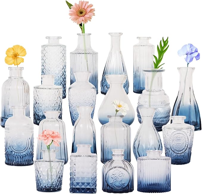 Blue Glass Bud Vases Set of 20,Small Flower Vases for Wedding Centerpieces,Bud Vases in Bulk Glass Vase for Table Decoration,Home Decor