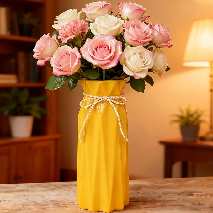 Ceramic Vase for Home Decor Yellow Modern Flower Vase for Pampas Grass Dried Flowers 9.5" H x 3.9" W Vases for Living Room Decorations Porcelain Tulip Vases for Table Kitchen Decor