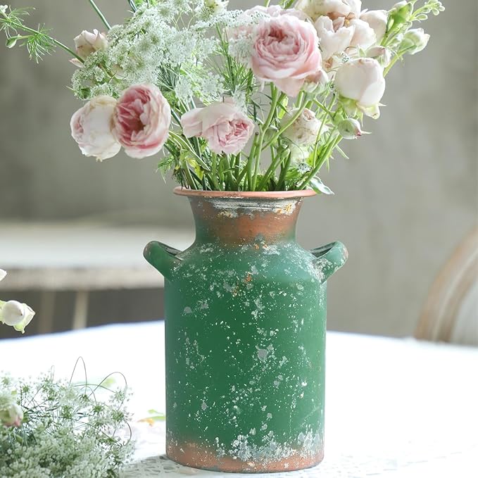 Rustic Vintage Metal Flower Vase for Decor Milk Jug Small Vases for Flowers Kitchen Decorations, Cylindrical,Perfect for Kitchen, Dining Room, Living Room,Housewarming Gift (DarkGreen)