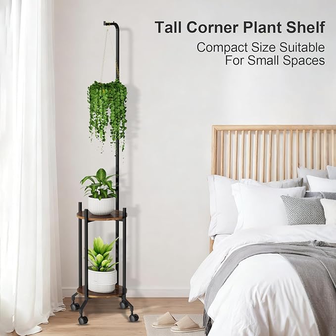 VyGrow Plant Stand Indoor, 2 Tier Hanging Tall Plant Shelf with Wheels, 3 Potted Corner Flower Stand Metal Plant Holder, Plant Shelves for Living Room, Bedroom, Patio, Outdoor, Black