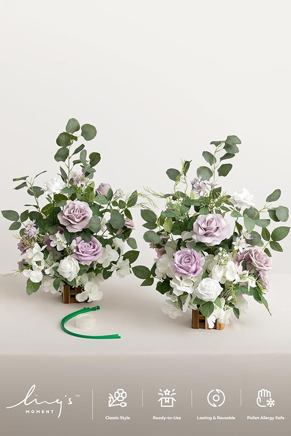 Ling's moment 17.5" Tall Free Standing Artificial Flowers Arrangements 2 pcs Wedding Aisle Runner Chair Decorations Lilac & White Centerpieces for Ceremony Reception Rose Floral Floor Party Outdoor